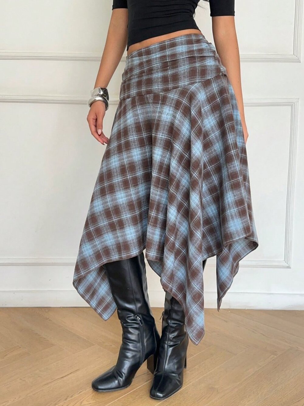 Blue Casual Women's Plaid Midi Skirt with Asymmetrical Hem